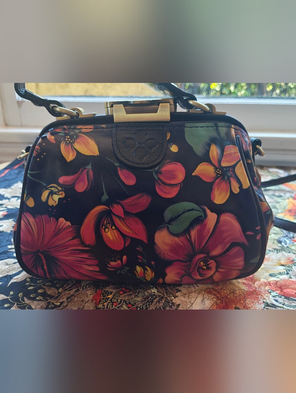 Patricia Nash Black Floral Print Black Crossbody Bag with Gold Hardware